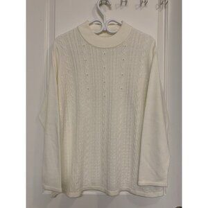 White Cable Knit Sweater Women’s Large/XL Pearl‎ Embroidery